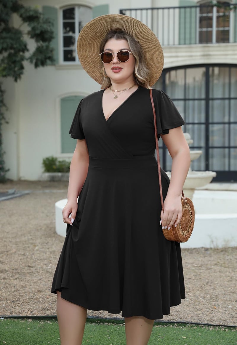 Nemidor Plus Size Dresses for Curvy Women Casual Summer V Neck Short Sleeve Midi Cocktail Vintage Dress with Pocket(073,22,Black) - Image 5